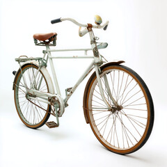 A rustic vintage bicycle on plain white background evokes nostalgia, simplicity, and enduring urban charm.