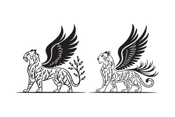 Fantasy Winged Tiger Line Art Mythical Animal Floral Tattoo Design