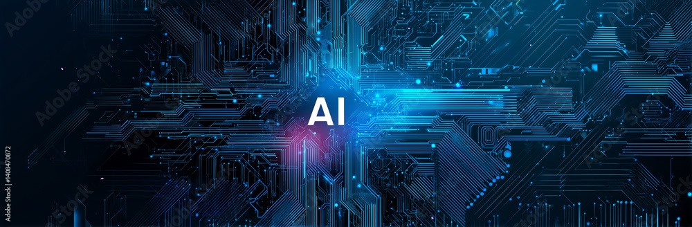 Poster abstract futuristic background with a circuit board and glowing text 