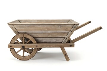 Rustic wooden wheelbarrow planter isolated on white background