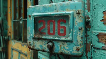 Rusty Number Plate Vintage Charm. Close Up, Grunge Aesthetic With Green And Yellow Paint.
