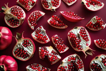 Fototapeta premium Vibrant Pomegranate Segments Against Lush Ruby Background Showcasing Juicy Tropical Elegance and Unique Texture