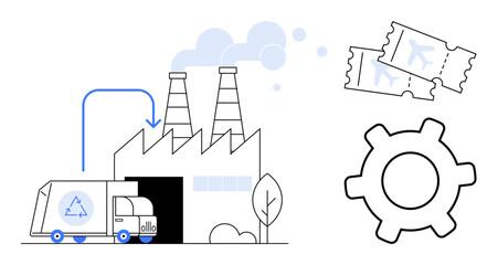 Recycling truck unloading at factory near smoking chimneys, gear, and airplane tickets. Ideal for recycling, sustainability, production, travel, logistics circular economy energy. Flat simple