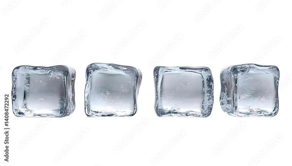 Poster four ice cubes in a row on a white isolated background generative ai