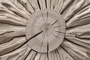 Monochrome Neutral Sandstone Wood Texture with Cream Colored Cross Section and Detailed Organic Tree Rings