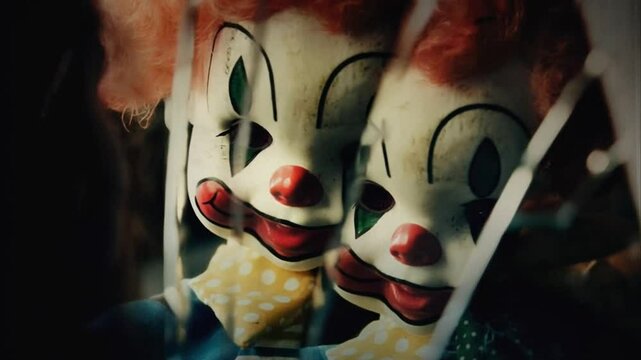Scary Doll Clown is Looking into a Broken Mirror for a haunted or possessed Halloween concept. Photo animated with AI.