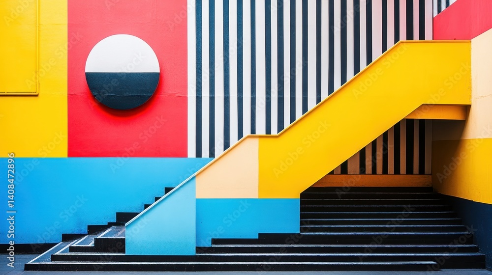 Poster bold geometric shapes contrast under a vibrant sky in an urban setting during midday providing a str