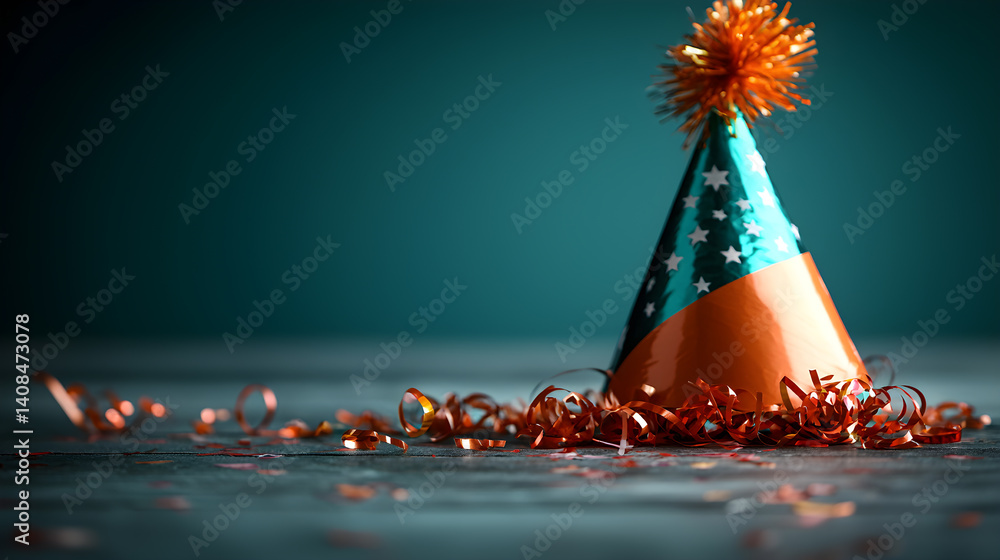 Poster a party hat is on a table with confetti around it