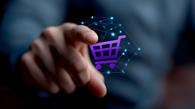 A person is pointing at a shopping cart in a digital image