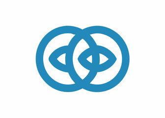 Interconnected Vision: A minimalist, clean-line design of two intertwined circles, each featuring an eye motif, representing shared focus and collaborative insight.