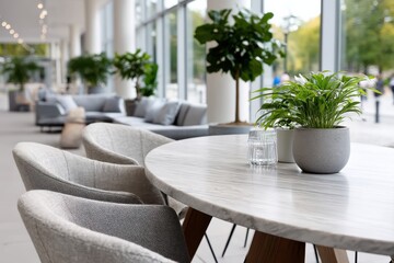 Fototapeta premium This modern dining area showcases a large round table surrounded by stylish chairs and lush plants, inviting warmth and elegance into the space for dining or gathering.