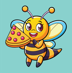 Fototapeta premium Cute Cartoon Bee Holding Pizza Slice On A Light Teal Background Art