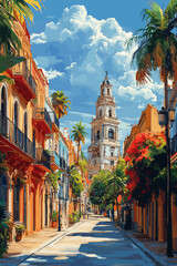 Fototapeta premium Charming Mediterranean street with colorful buildings, palm trees, flowers, and a bell tower under a bright sky, illustrated in a vibrant and sunny vector style