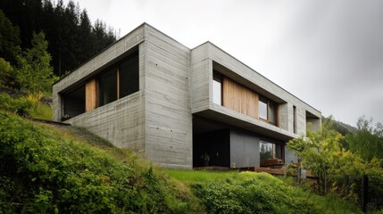 Modern concrete and wood house with no visible handles  