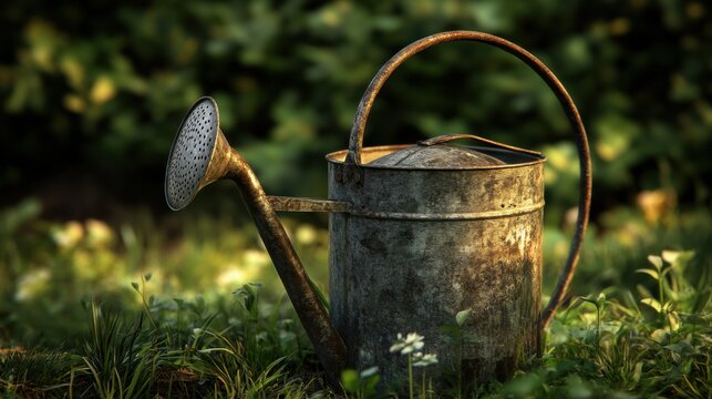 Vintage watering can in tall grass with warm summer light, rustic and full-resolution image.