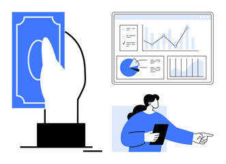 Hand holding money, analytics dashboard with charts and data, and person using a tablet pointing forward. Ideal for financial management, business analysis, online payments, teamwork, data