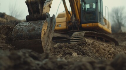 Fototapeta premium Heavy machinery operator using an excavator to dig a foundation. Featuring control and focus