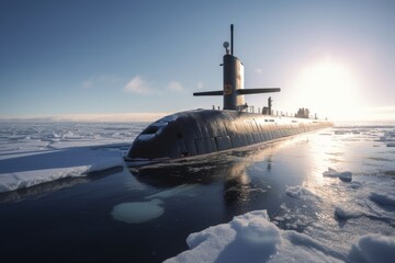 A World War II submarine surfacing in a cold, icy ocean 