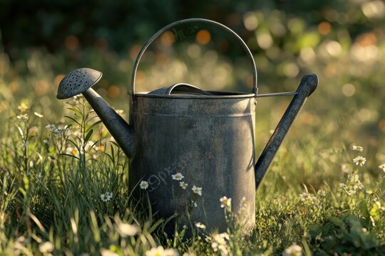 Vintage watering can in tall grass with warm summer light, rustic and full-resolution image.