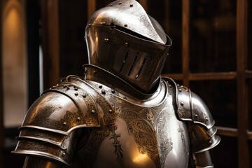 A knight&acirc;&euro;&trade;s armor on display in a medieval castle, polished and gleaming 
