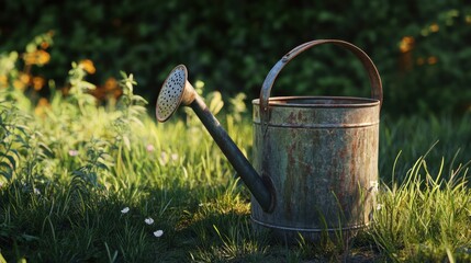 Vintage watering can in tall grass with warm summer light, rustic and full-resolution image.