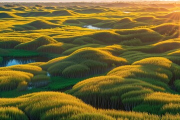 Fototapeta premium Cypress Needles Glowing in Morning Light Over Lush Wetland Landscape
