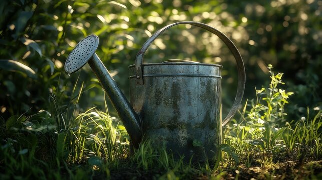 Vintage watering can in tall grass with warm summer light, rustic and full-resolution image.