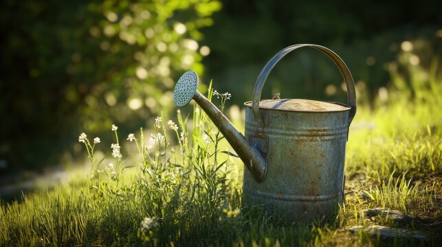 Vintage watering can in tall grass with warm summer light, rustic and full-resolution image.