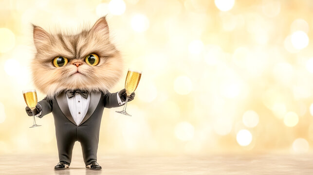 Elegant cat holding champagne flutes at a party