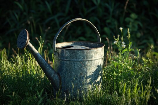 Vintage watering can in tall grass with warm summer light, rustic and full-resolution image.