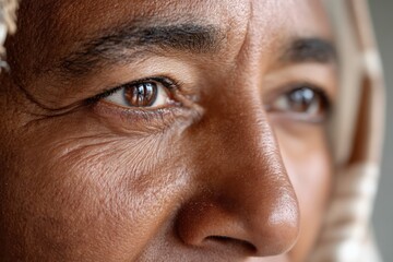 Obraz premium This close-up image captures the intricate details of a person's eyes, conveying depth and emotion while showcasing the natural beauty and texture of skin and expression.