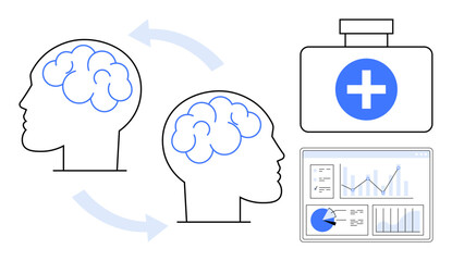 Two human heads with brain illustrations connected by arrows, a medical kit with a cross, and a data analytics dashboard. Ideal for healthcare, neuroscience, mental health, innovation, science