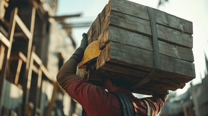 Laborer lifting heavy materials at a construction site. Featuring physical strength and teamwork