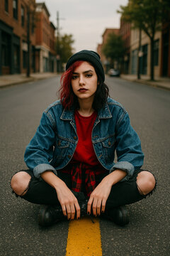 Jovem com estilo grunge sentada no meio da rua, usando jaqueta jeans oversized, gorro preto, camiseta vermelha e cal&ccedil;a preta rasgada. Express&atilde;o intensa em cen&aacute;rio urbano desfocado.