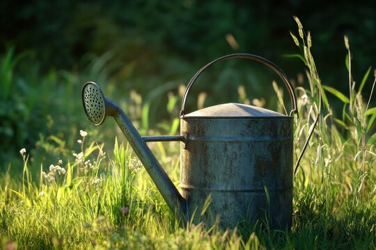 Vintage watering can in tall grass with warm summer light, rustic and full-resolution image.