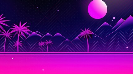 Retro Beachscape Graphic with Palm Trees and Neon Mountain Outlines