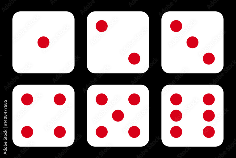 Aufkleber set of six sides of a die icon in white color with red dots. die icon set with all six faces in whit