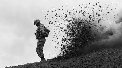 Soldier in black and white with birds flying away