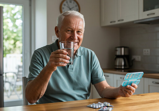 Smiling senior man holding a glass of water and weekly pill organizer. Concept of healthy routine, daily medication, and wellness in older adulthood.