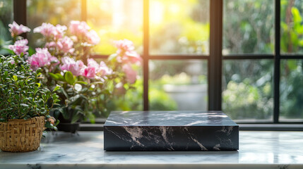 Elegant Product Display with Marble Top, Blurred Window, and Fresh Garden &ndash; Copy Space Background

