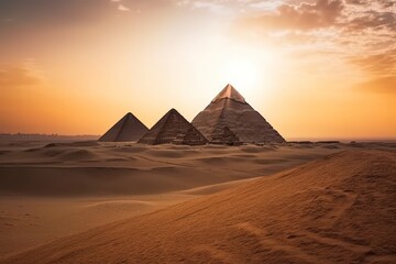 Ancient Egypt, pyramids rising from the golden sands under a setting sun 