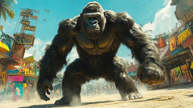 Giant gorilla in urban street setting