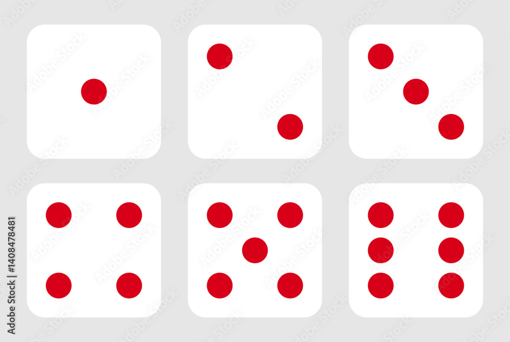 Aufkleber set of six sides of a die icon in white color with red dots. die icon set with all six faces in whit