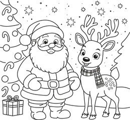 Coloring page for little kids with Santa and a cute little deer