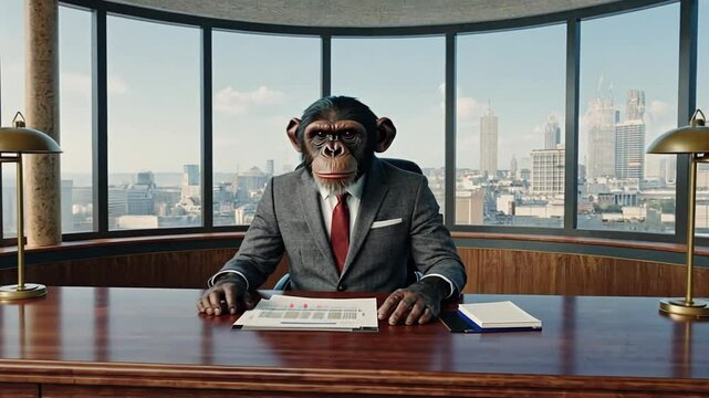 Monkey in a suit in an office.
