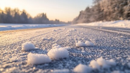 A scattering of salt grains on frozen pavement, a practical solution to reduce hazards in snowy conditions, with a picturesque winter landscape in the background