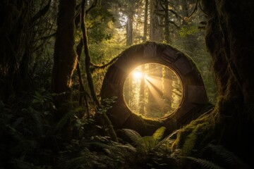 Fototapeta premium A glowing portal opening in the middle of a serene forest, leading to another world