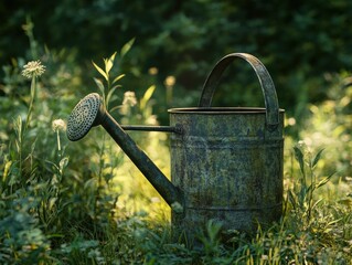 Vintage watering can in tall grass with warm summer light, rustic and full-resolution image.