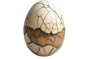 Large cracked dinosaur chicken egg with textured surface and detailed fractures, isolated on white transparent background. Concept of prehistoric life and hatching