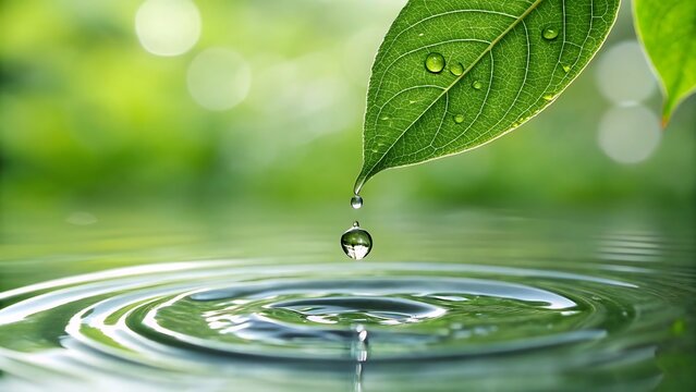 Green leaf water drop ripples - nature freshness - Powered by Adobe